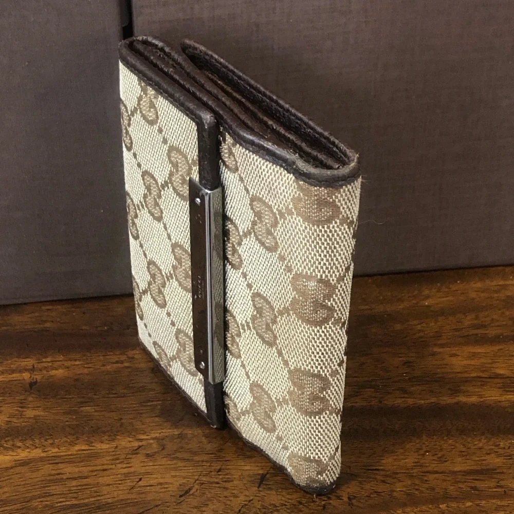 GUCCI GG Web Monogram Brown Leather Tan Canvas Trifold Wallet